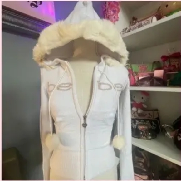 ISO bebe angora fuzzy rhinestone hoodie